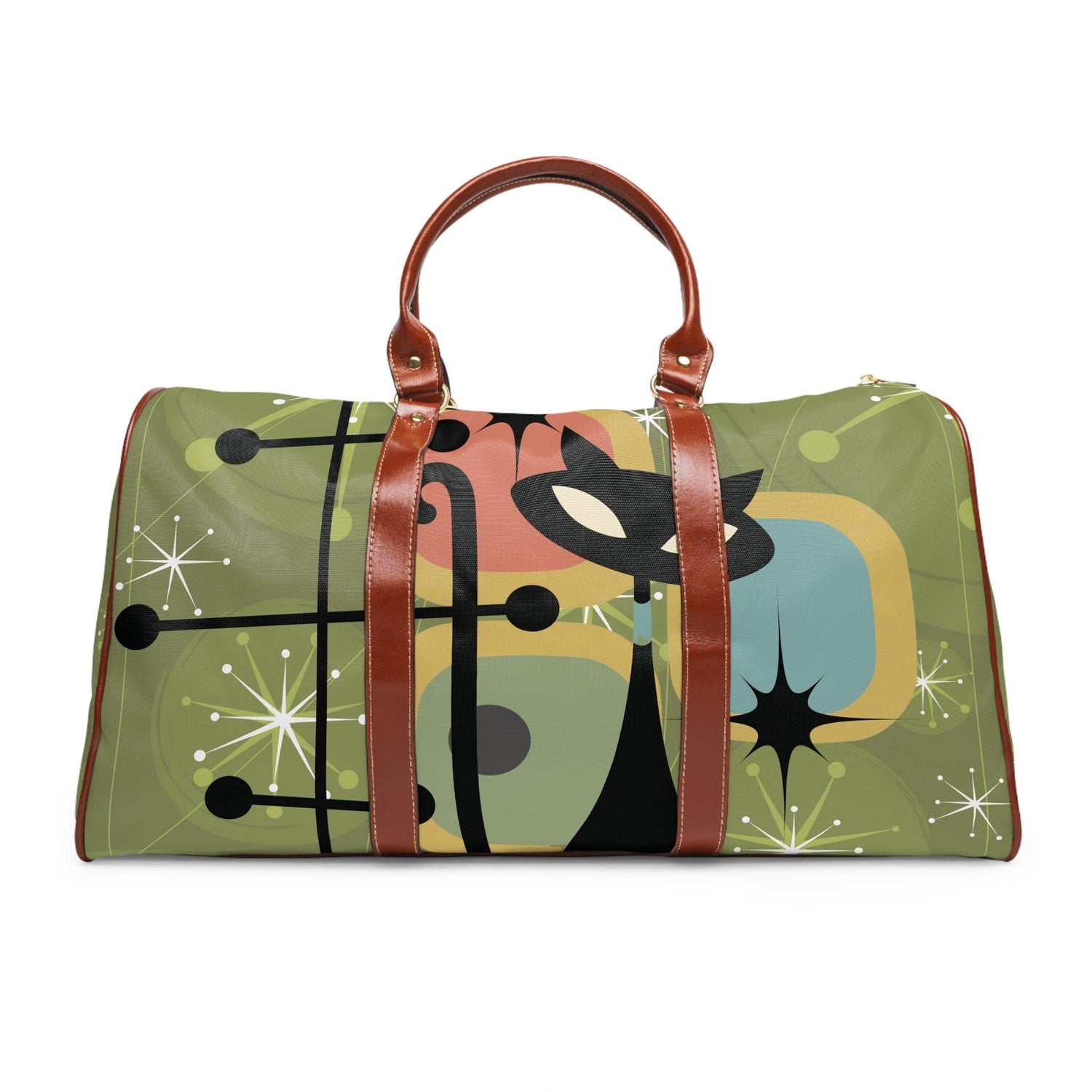 Atomic Starburst, Kitschy Atomic Cat, Green, Retro Mod Waterproof Travel Bag Bags 20&quot; x 12&quot; / Brown