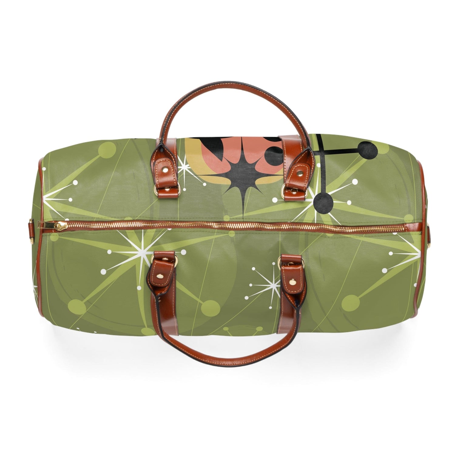 Atomic Starburst, Kitschy Atomic Cat, Green, Retro Mod Waterproof Travel Bag Bags 20&quot; x 12&quot; / Brown