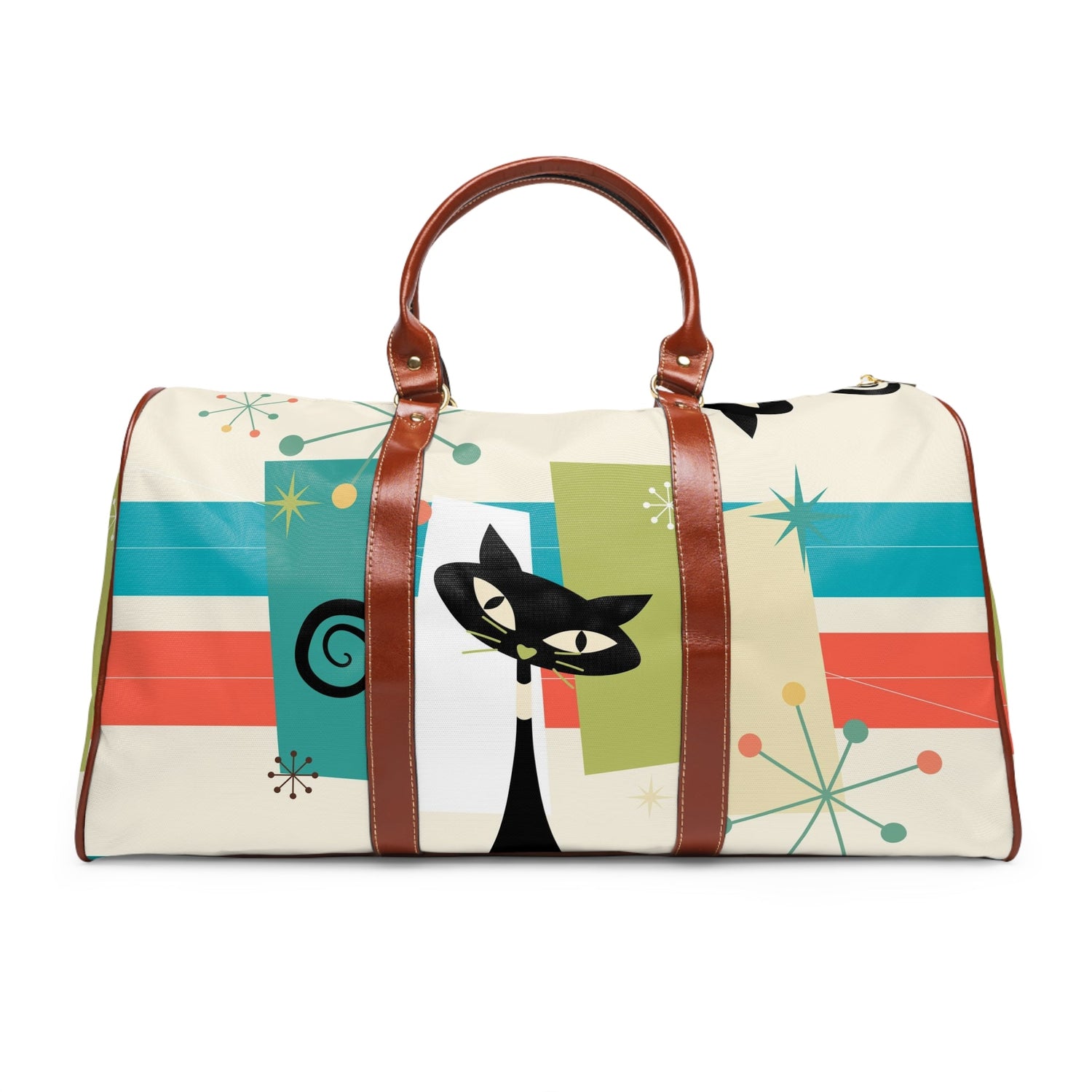 Mid Century Modern Atomic Kitty Cats, Kitschy Mod Waterproof Travel Bag Bags 20&quot; x 12&quot; / Brown