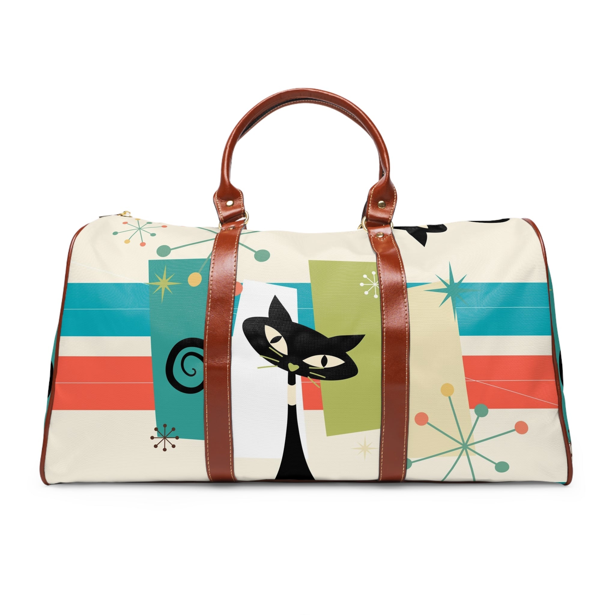 Mid Century Modern Atomic Kitty Cats, Kitschy Mod Waterproof Travel Bag Bags 20&quot; x 12&quot; / Brown