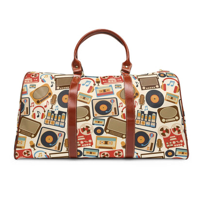 Retro Music Lover, Groovy Album, Casette, Film Old Timey Waterproof Travel Bag Bags 20&quot; x 12&quot; / Brown