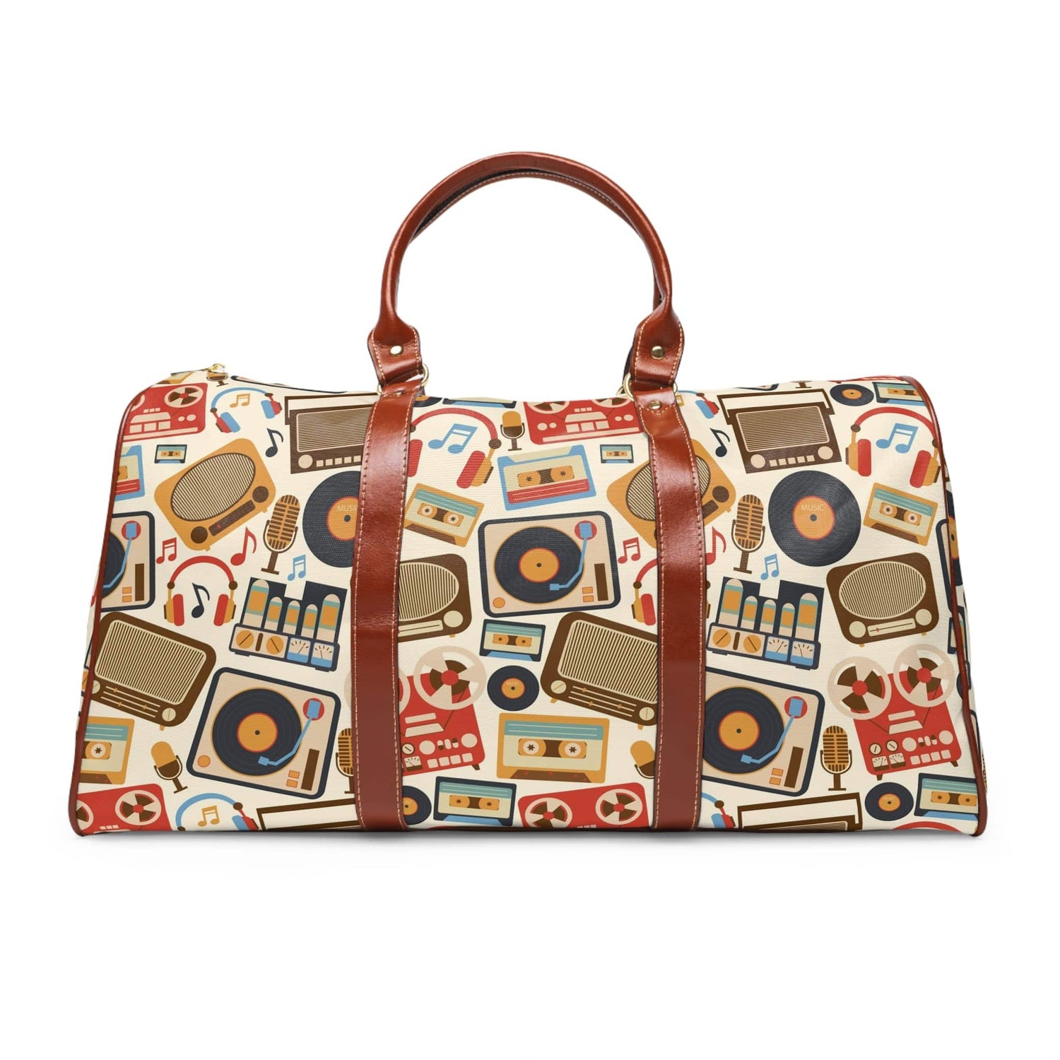 Retro Music Lover, Groovy Album, Casette, Film Old Timey Waterproof Travel Bag Bags 20&quot; x 12&quot; / Brown