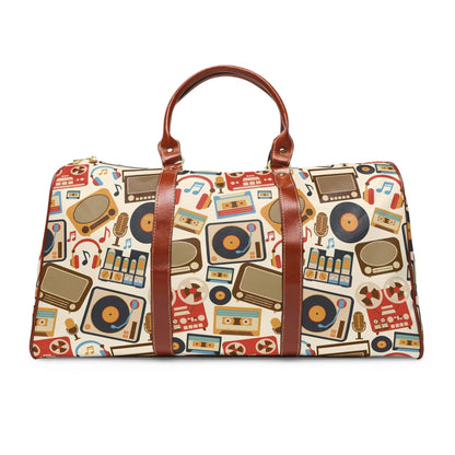 Retro Music Lover, Groovy Album, Casette, Film Old Timey Waterproof Travel Bag Bags 20&quot; x 12&quot; / Brown