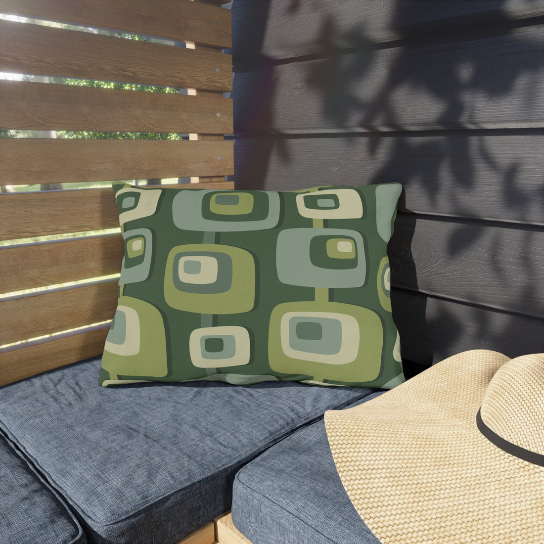 Mid Century Modern Geometric Green, Beige, Googie Designed Outdoor Pillows Home Decor 20&quot; × 14&quot;