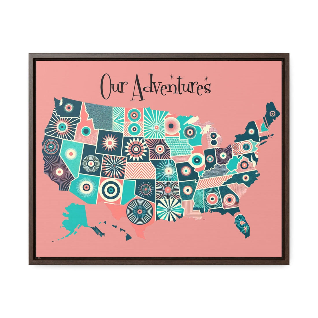 USA Push Pin Map, Our Adventures, Mid Century Modern Atomic Pinks, Aqua, Mid Mod Office, Den, Gallery Wall Canvas Art Canvas 20″ x 16″ / Walnut / Premium Gallery Wraps (1.25″)