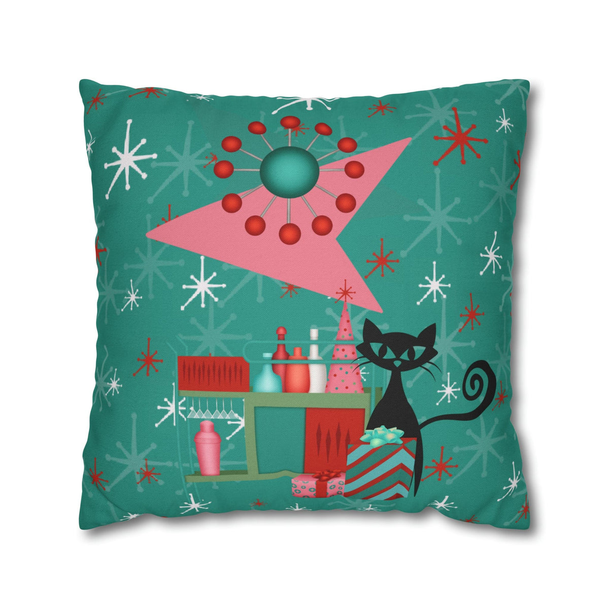 50's Atomic Cat Christmas Design, Kitschy Fun Cocktail Party Retro Christams Home Decor Pillow Cover Home Decor 20" × 20"