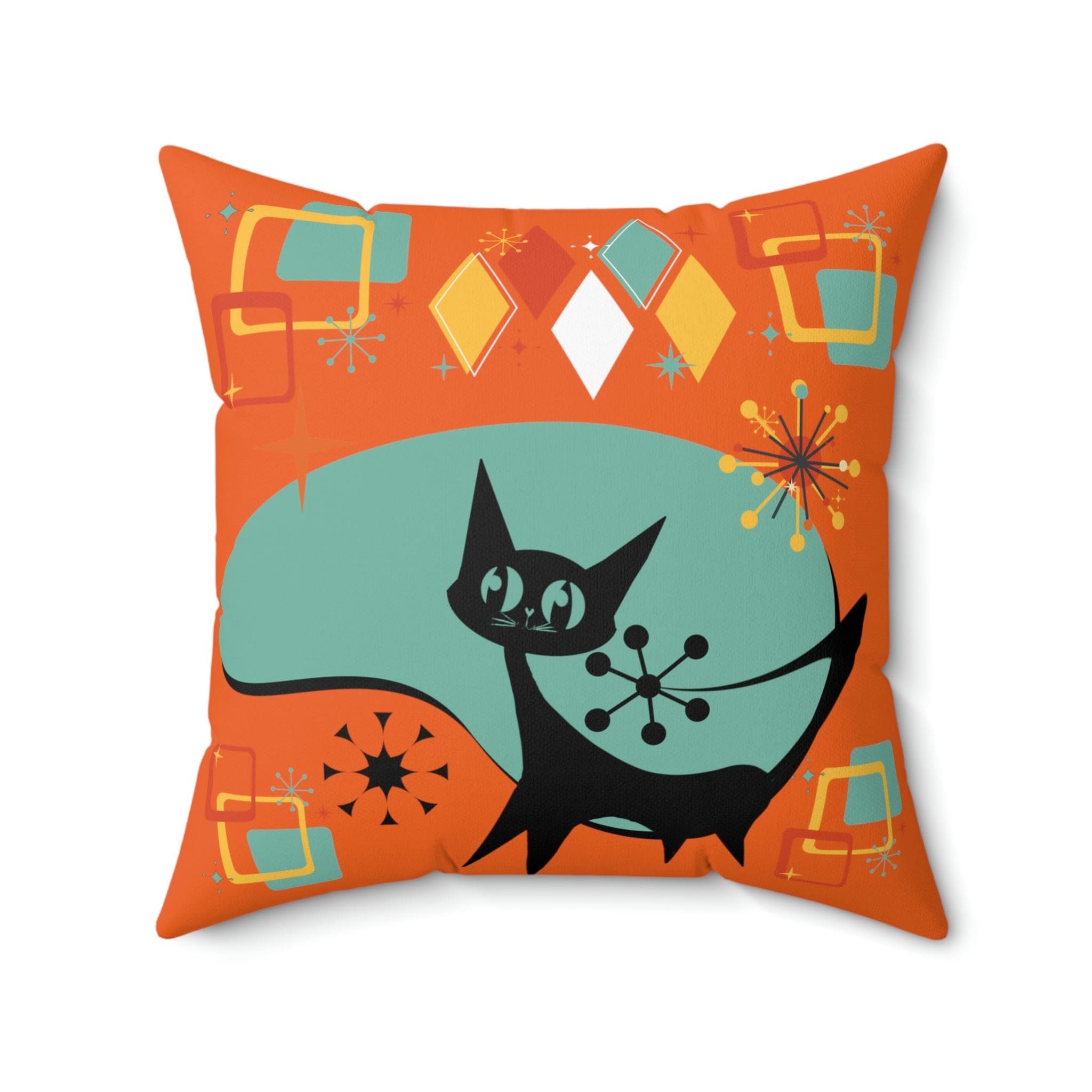 Atomic Cat, Mid Century Modern, Orange, Aqua Atomic Boomerang, Starburst, Retro Pillow Cover Home Decor 20&quot; × 20&quot;