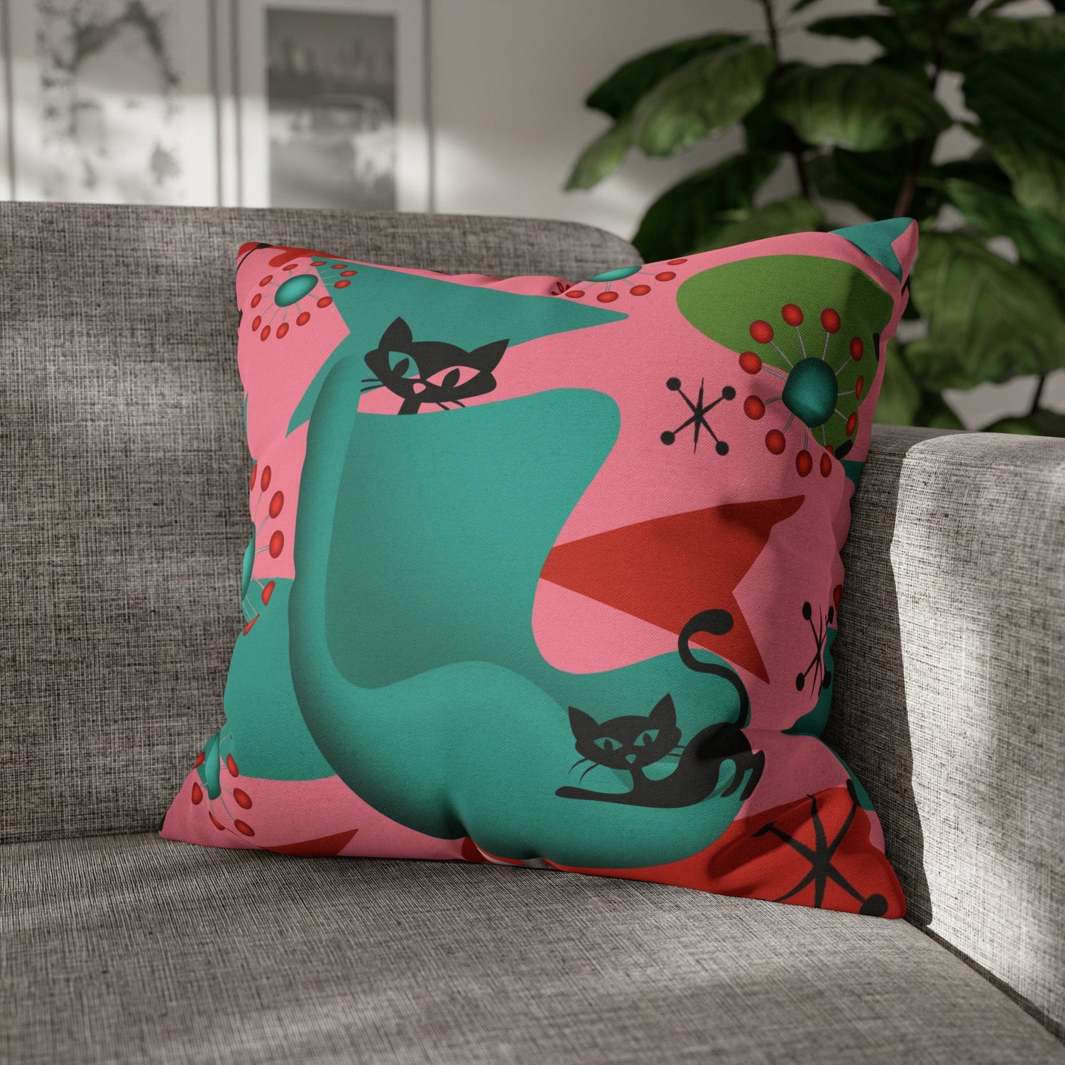 Atomic Cat Pillow Cover, Mid Century Design, Pink, Green, Aqua Kitsch Fun Atomic Era Pillow Case Home Decor 20&quot; × 20&quot;
