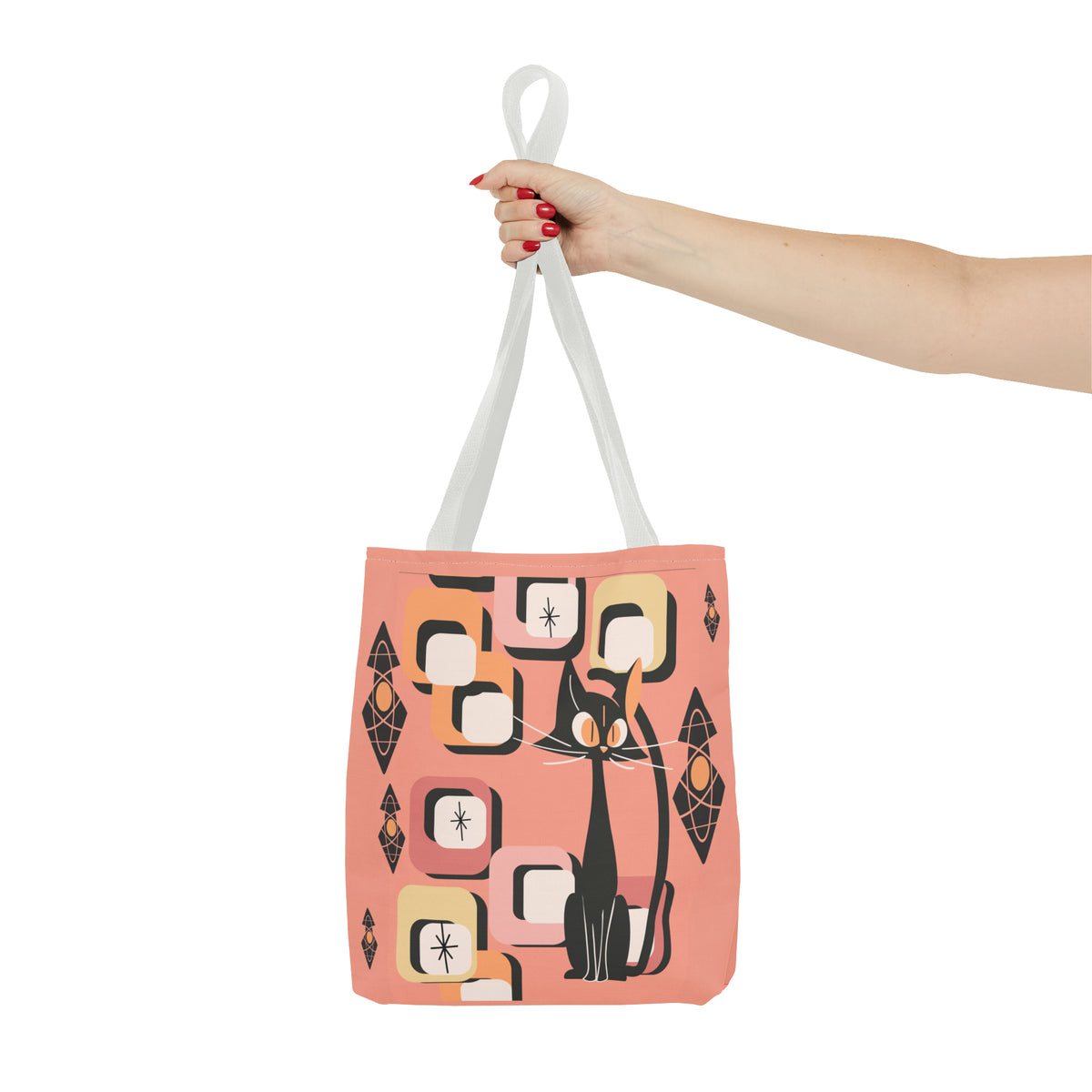 Atomic Cat Tote Bag, Coral Color, Mid Century Modern Geometric Designs, Mid Mod Retro Apparel - Mid Century Modern Gal