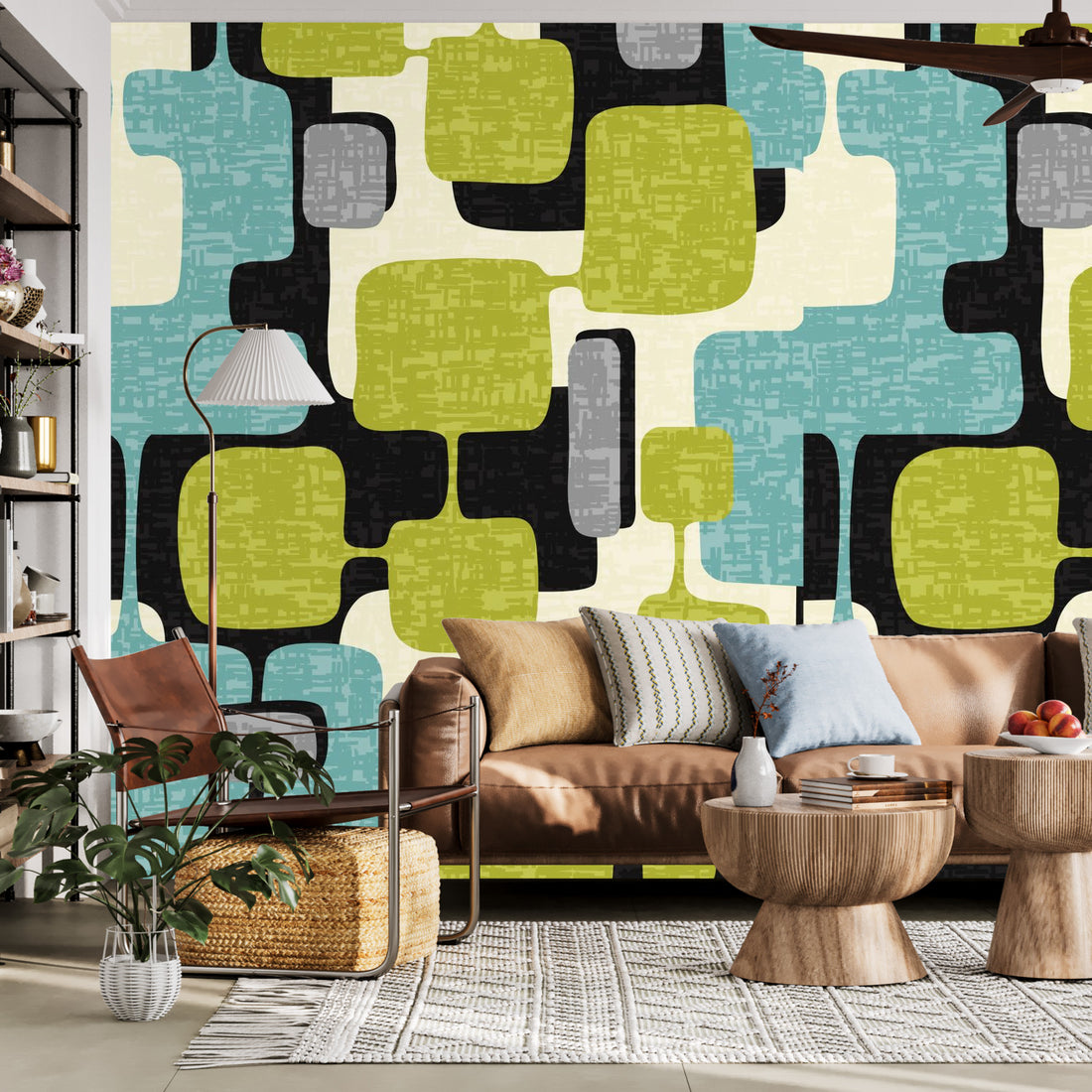 Mid Century Modern Geometric Blocks Mid Mod Green, Blue, Cream Peel And Stick Wall Murals