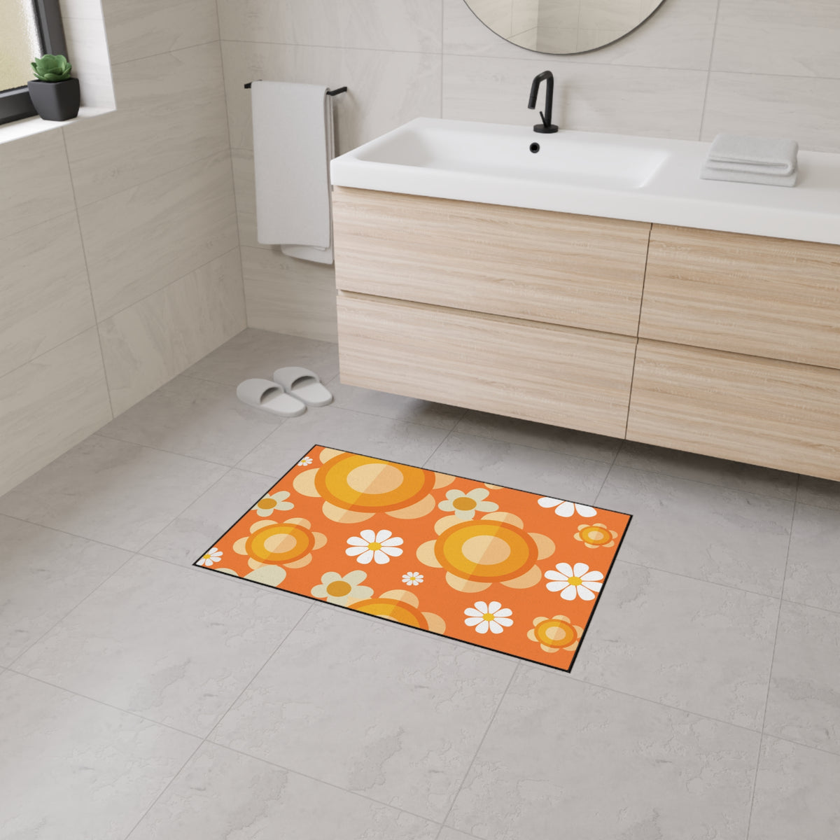 Retro Floral Orange, White Mod Daisy Heavy Duty Floor Mat - Ideal for Home Décor and Entryways - Mid Century Modern Gal