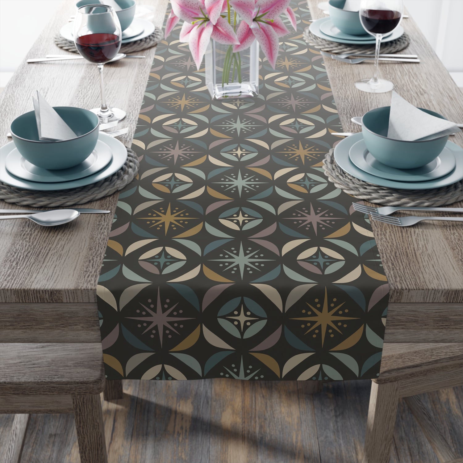 Mid Century Modern Elegant Gray Geometric Starburst Table Runner - Mid Century Modern Gal