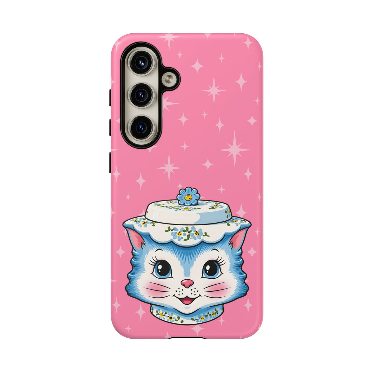 Mid Century Modern Kitschy Anthropomorphic Blue Cat with Floral Hat Tough Phone Case