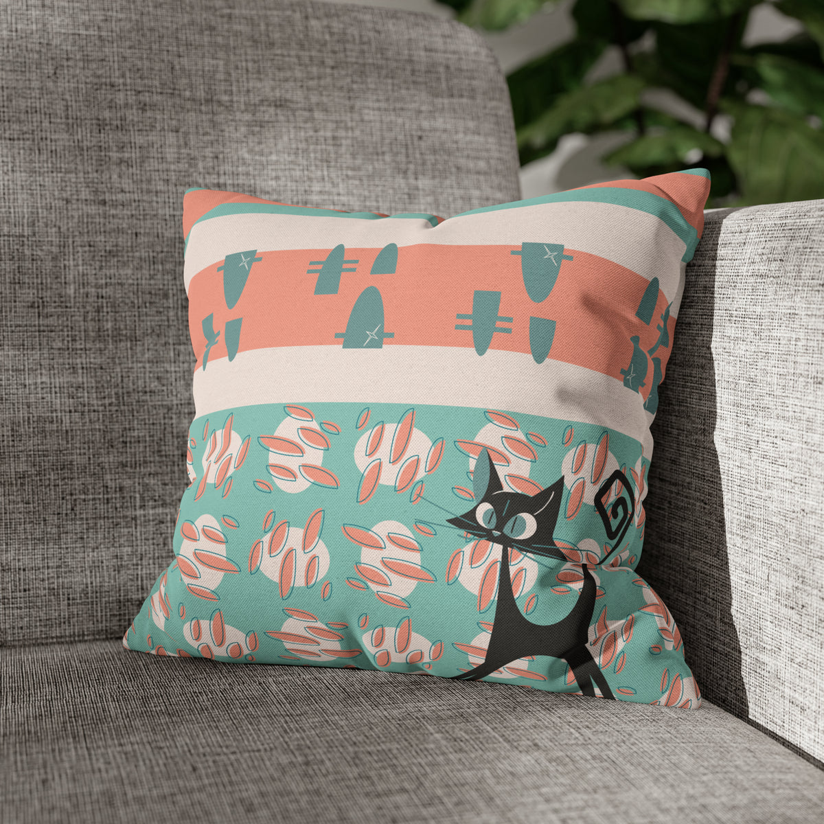 50s Nostalgic Atomic Cat Mid Century Modern Aqua, Coral Pink Peach, Kitschy Mid Century Modern Pillow Cover ONLY - Mid Century Modern Gal