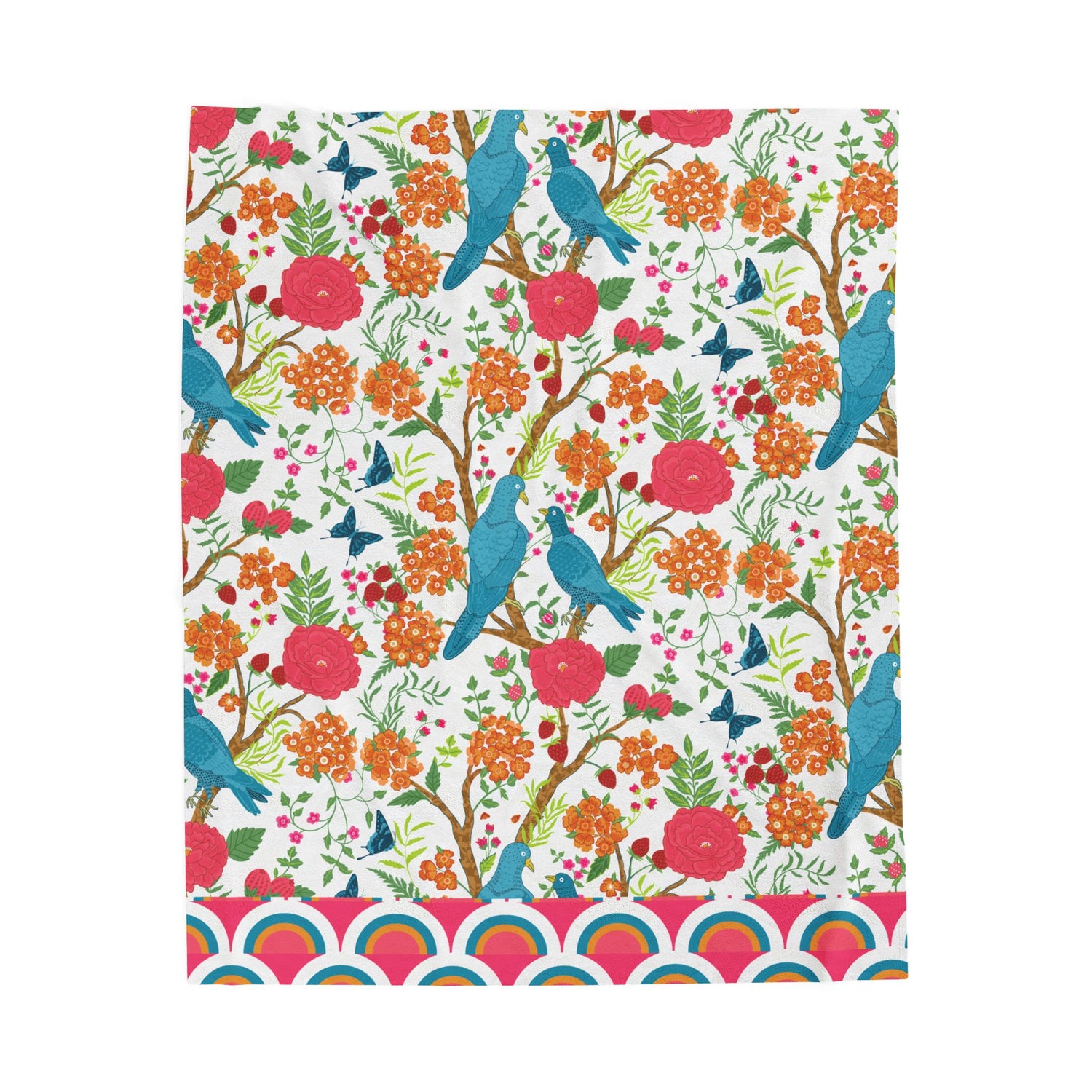 Chinoiserie Throw Blanket, Blue Pink,  Birds Tropical Floral Velveteen Plush Blanket - Cozy Decor for Home - Mid Century Modern Gal