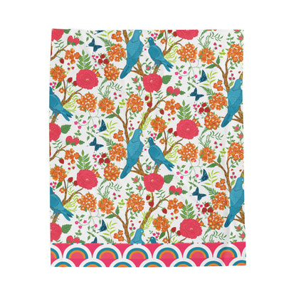 Chinoiserie Throw Blanket, Blue Pink,  Birds Tropical Floral Velveteen Plush Blanket - Cozy Decor for Home - Mid Century Modern Gal