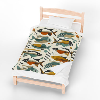 Mid Century Modern Bauhaus Colorful Fish Pattern Plush Blanket for Cozy Living Spaces - Mid Century Modern Gal