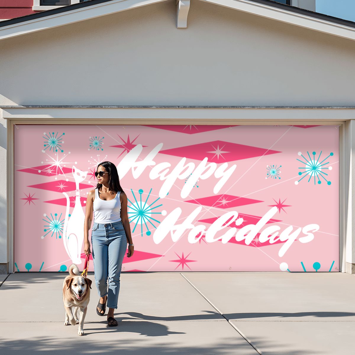 Atomic Cat Mid Century Modern Happy Holidays Christmas Garage Door Banner Backdrop - Mid Century Modern Gal
