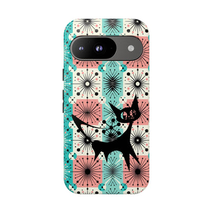 Atomic Kitschy Cat, Mid Century Modern Pink, Aqua Starbursts Tough Phone Case