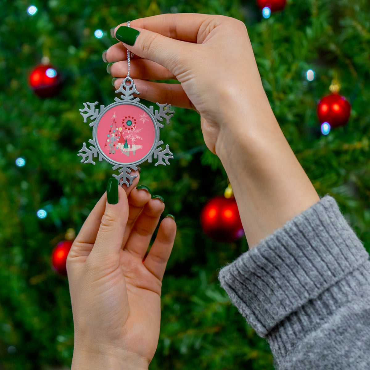 Pink Christmas Ornament Adorned With Kitschy Mod Couple, 50s Style Pewter Snowflake Ornament - Mid Century Modern Gal