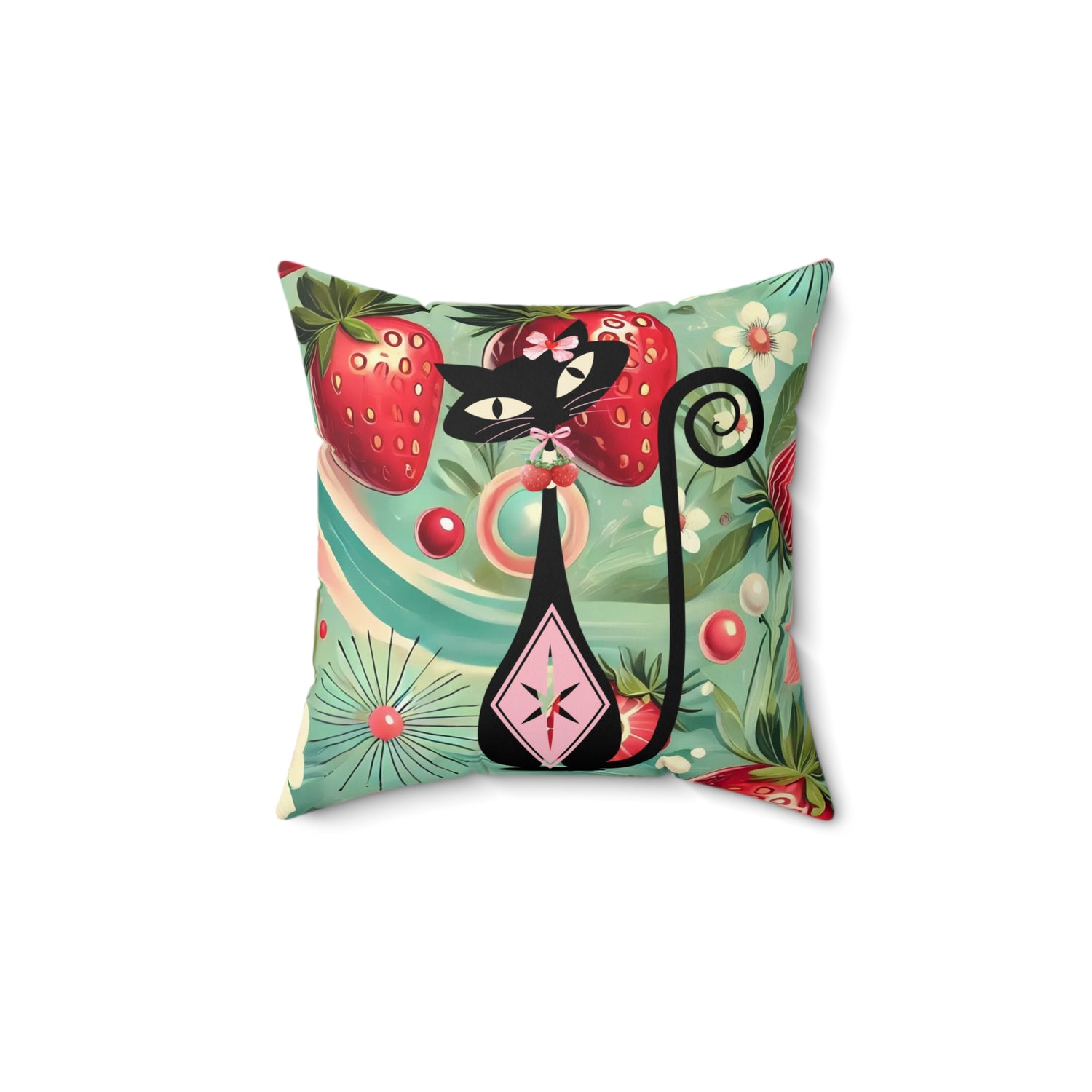 Whimsical Atomic Cat &amp; Strawberry Decorative Pillow - Cozy Home Accent - Mid Century Modern Gal