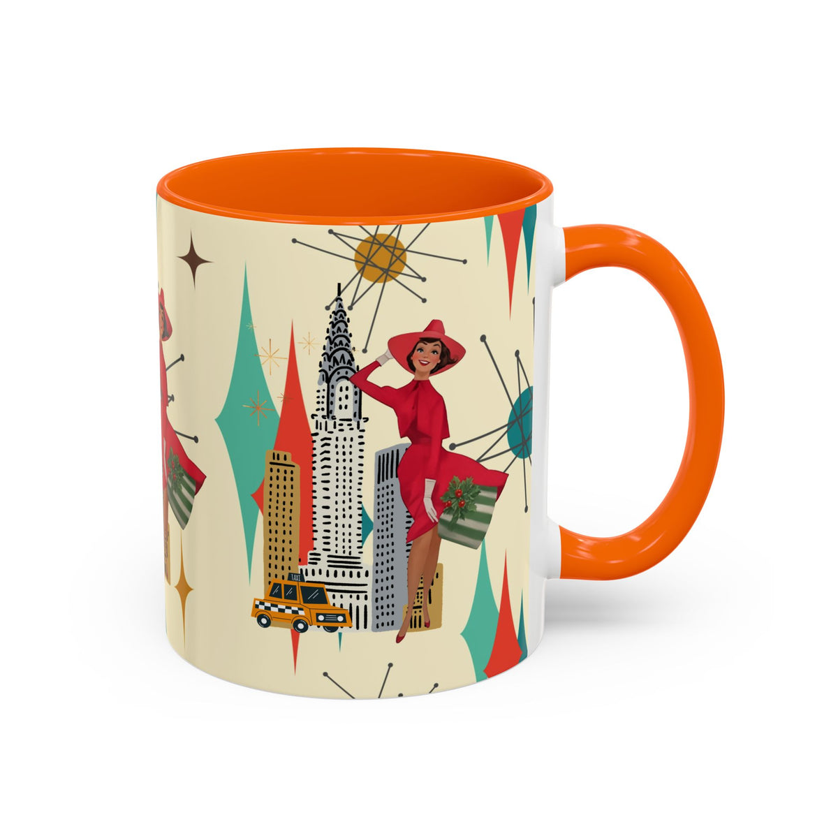 Mid Century Modern Kitschy Christmas Gal, Franciscan Starburst Diamond Retro Chic Accent Coffee Mug - Vintage Cityscape Design - Mid Century Modern Gal