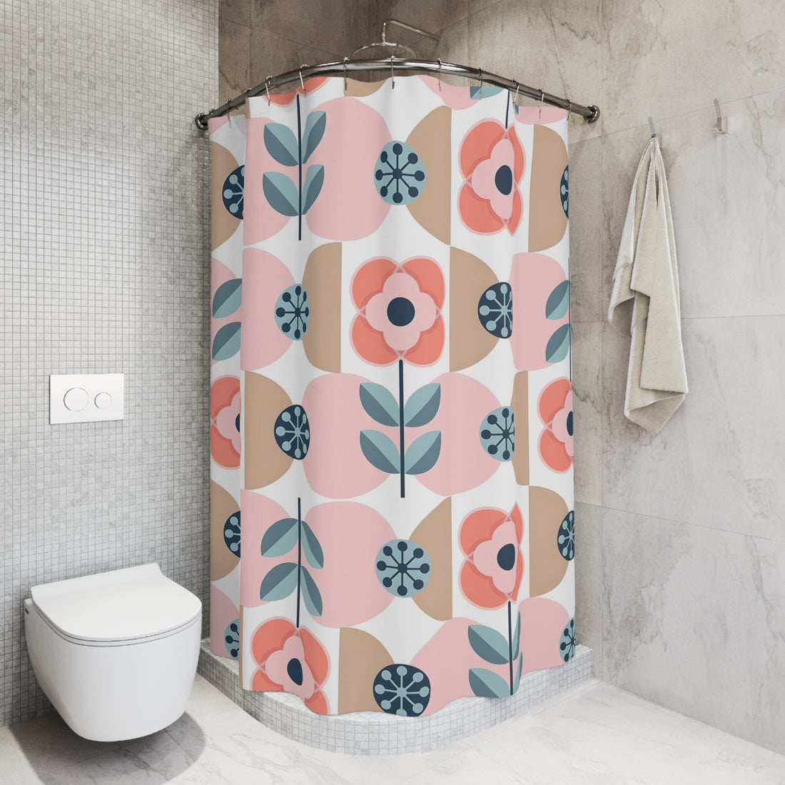 Scandinavian Designed Floral Shower Curtain, Pink, Blue, Retro Mod Bathroom Decor - Mid Century Modern Gal