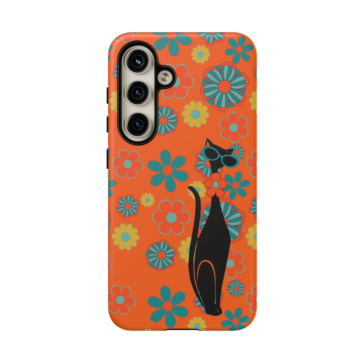 Flower Power, Retro Groovy Atomic Cat, Hipster Style Orange Samsung Galaxy and Google Pixel Tough Cases