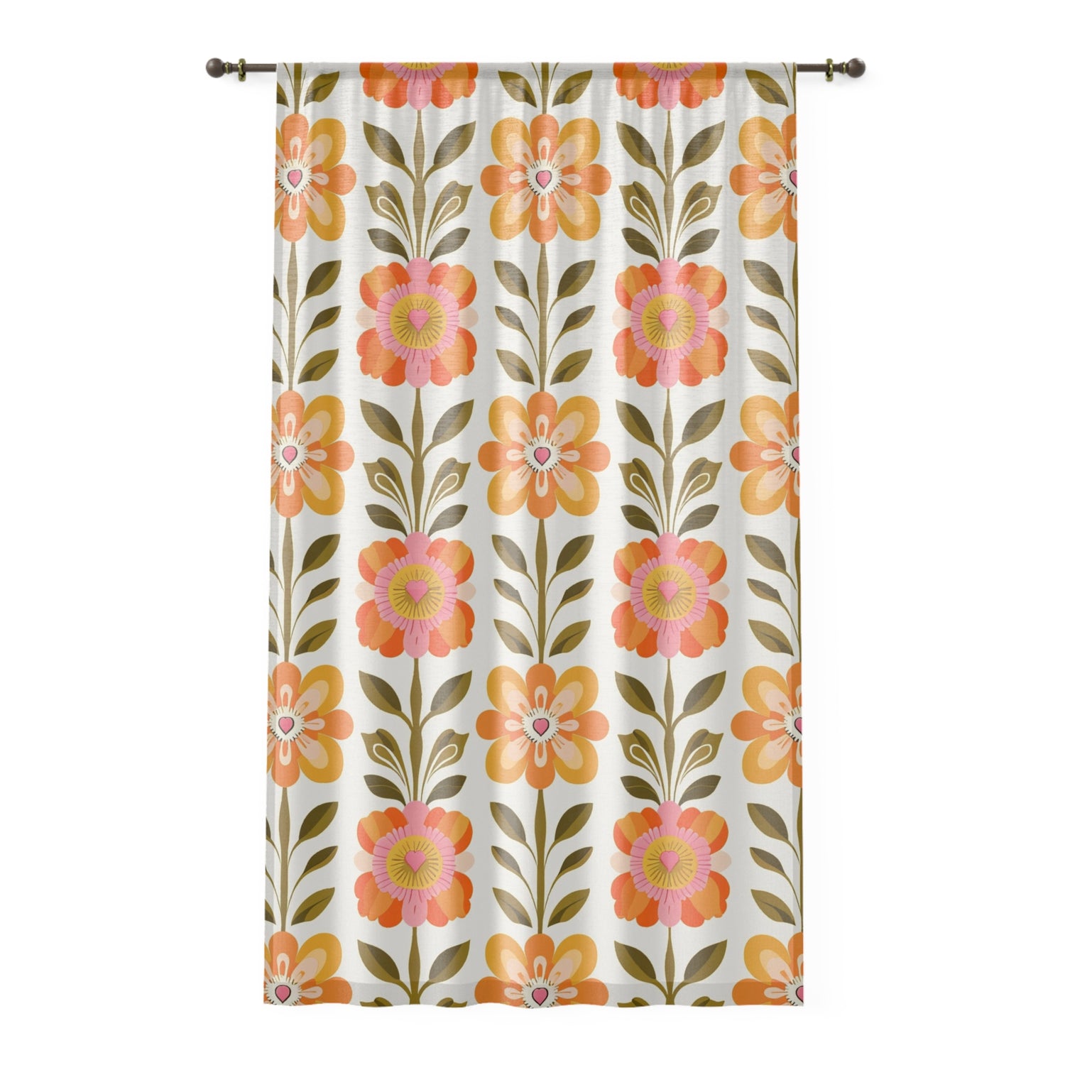Mid Century Modern Scandinavian Modern Danish Yellow, Orange Green Botanical Garden Floral Sheer Window Curtain - Mid Century Modern Gal