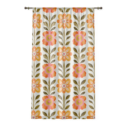 Mid Century Modern Scandinavian Modern Danish Yellow, Orange Green Botanical Garden Floral Sheer Window Curtain - Mid Century Modern Gal