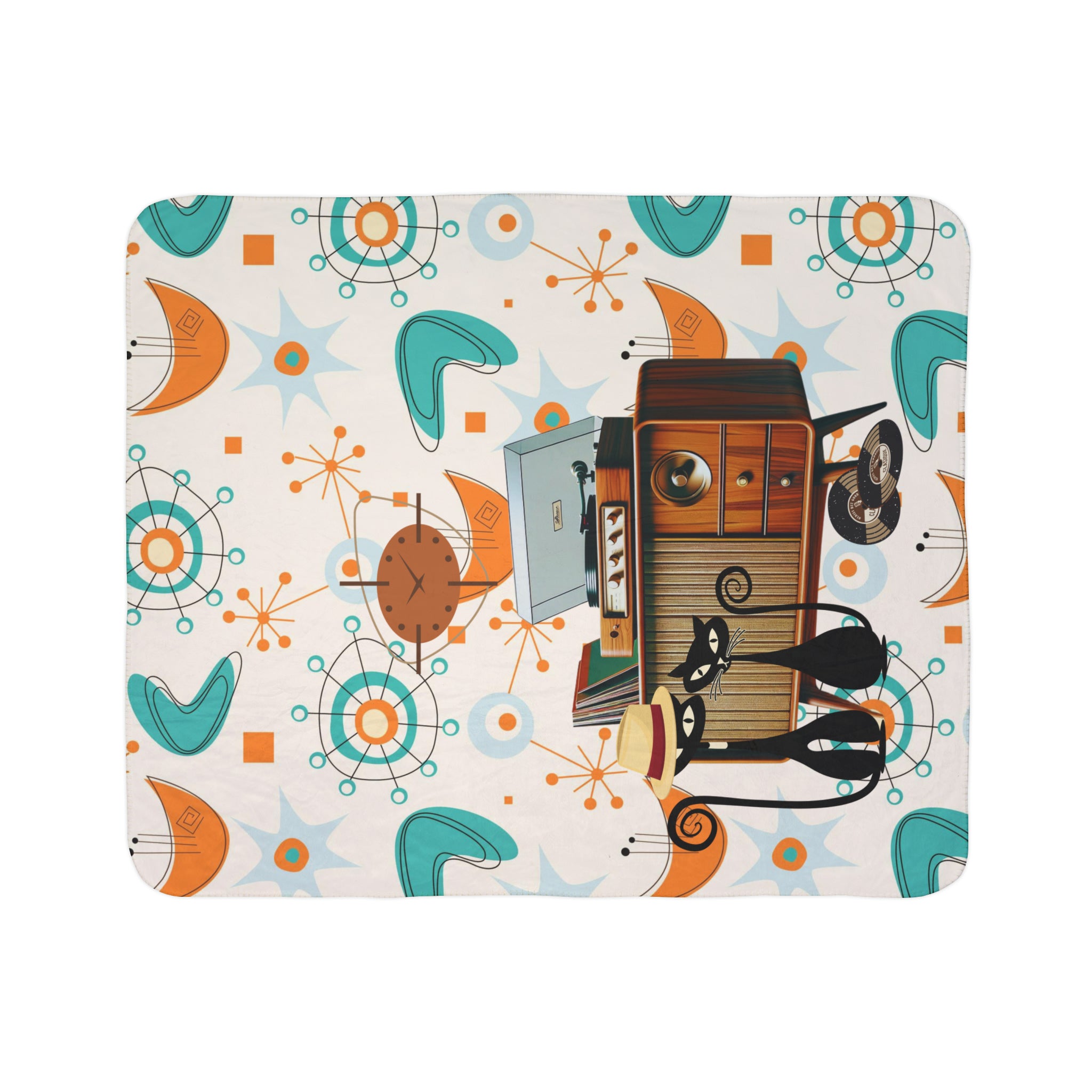 Atomic Cat, Retro Vinyl Console, Couples Gifts, Mid Century Modern Atomic Design Fleece Sherpa Blanket