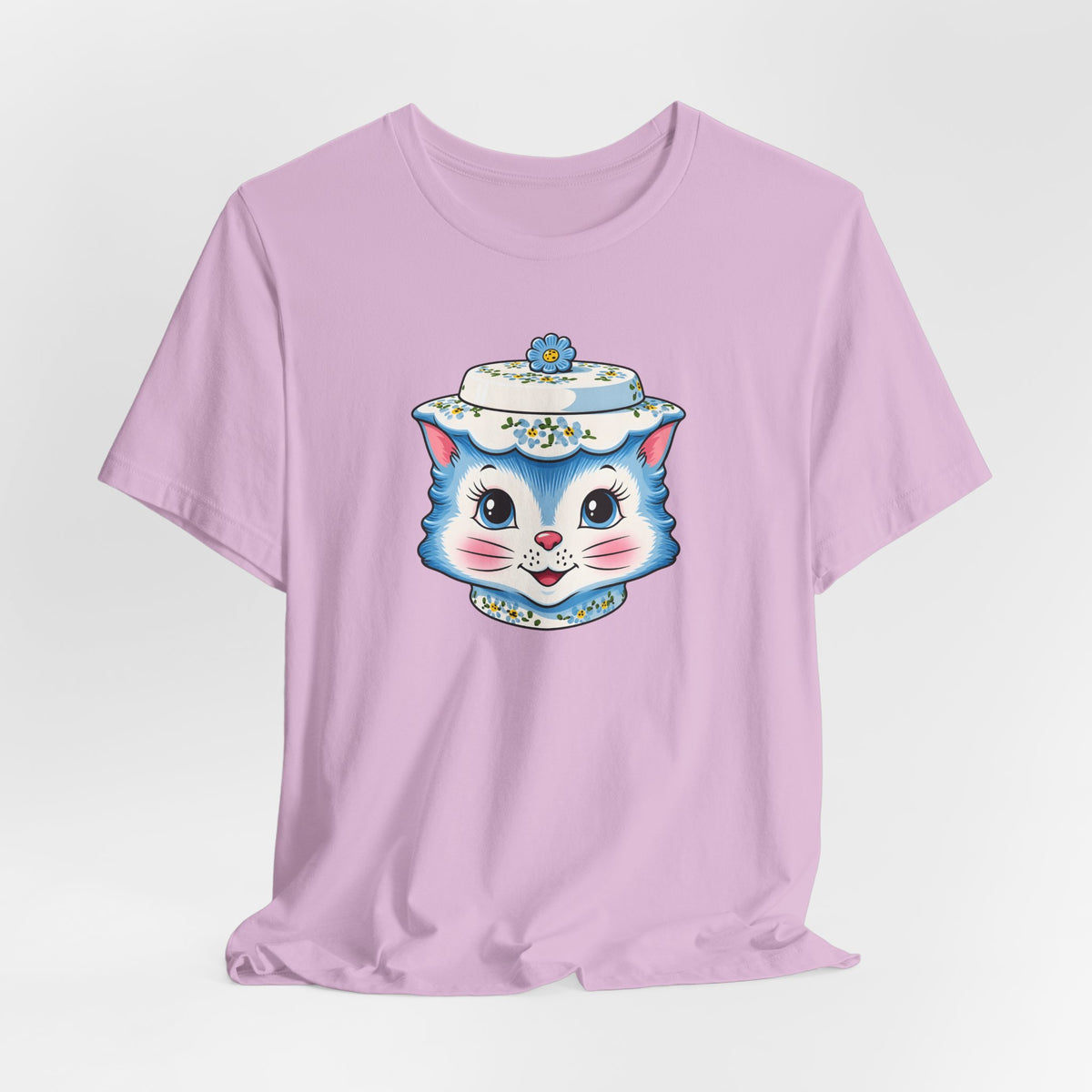 Mid Century Modern Kitschy Anthropomorphic Blue Cat with Floral Hat Unisex T-Shirt