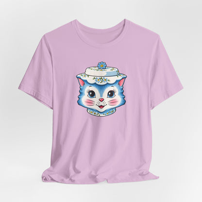 Mid Century Modern Kitschy Anthropomorphic Blue Cat with Floral Hat Unisex T-Shirt