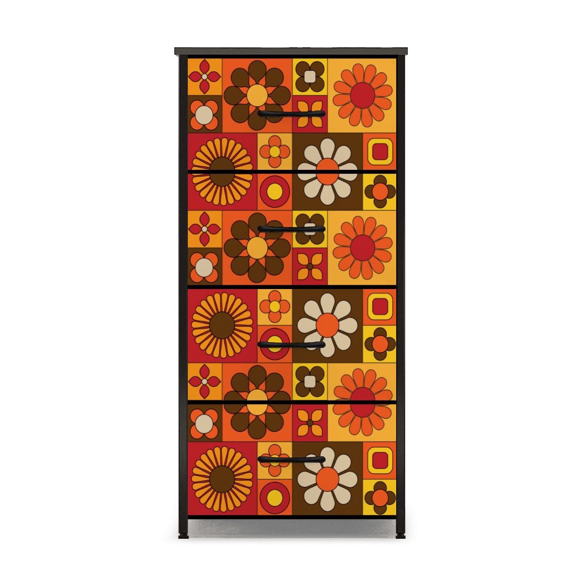 Retro 70s Mod Floral Orange Brown Yellow Mid Mod Hip 4-Drawer Dresser - Mid Century Modern Gal