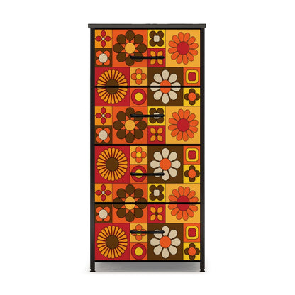 Retro 70s Mod Floral Orange Brown Yellow Mid Mod Hip 4-Drawer Dresser - Mid Century Modern Gal