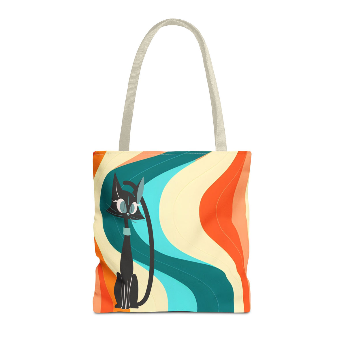 Atomic Cat Mid Mod Groovy Tote Bag featuring a sleek black cat design against vibrant retro waves in orange and teal.