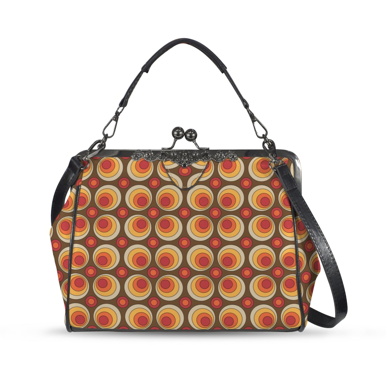 Mid Century Modern Retro Orbs Brown Orange Yellow Mod Kisslock Crossbody Purse - Mid Century Modern Gal