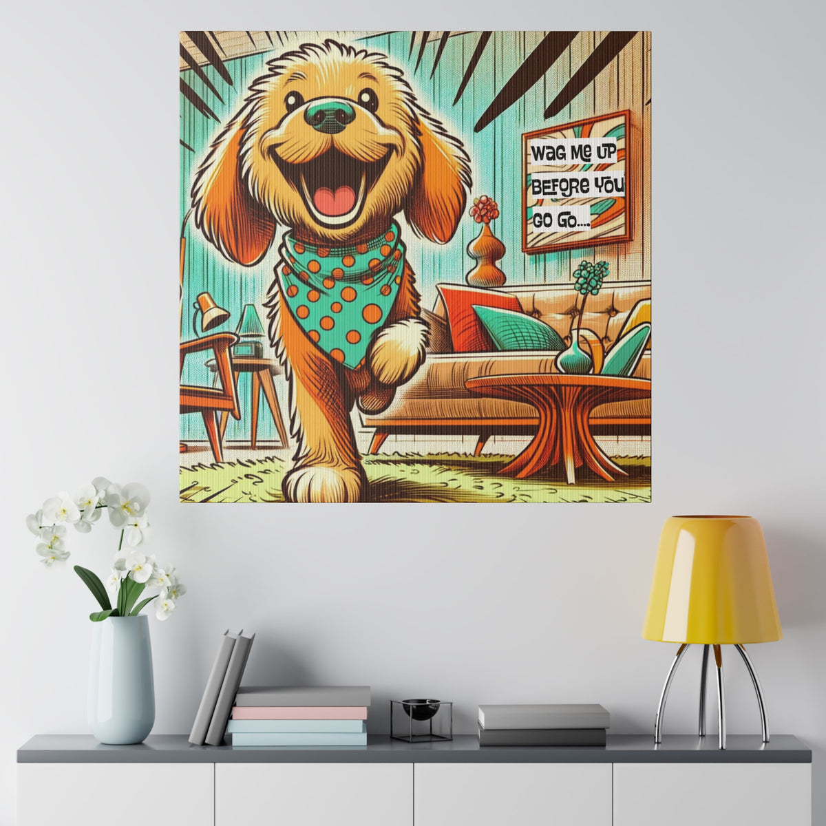 Golden Doodle Dog Lover, Funny Kitschy Mid Century Modern Wall Art - Mid Century Modern Gal