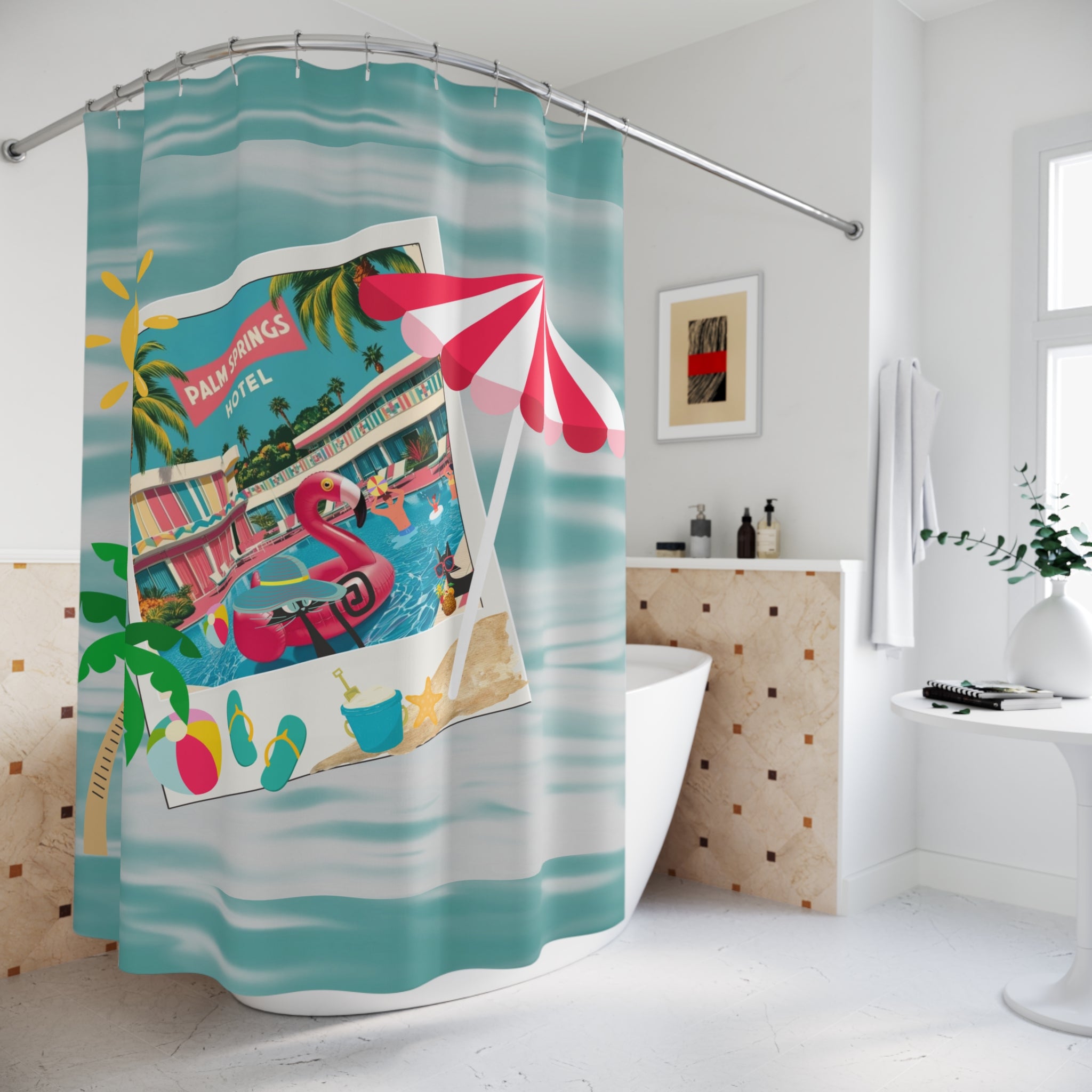 Palms Springs Hotel, Kitschy Flamingo, Atomic Cats Tropical Palm Springs Shower Curtain - Retro Summer Vibes - Mid Century Modern Gal