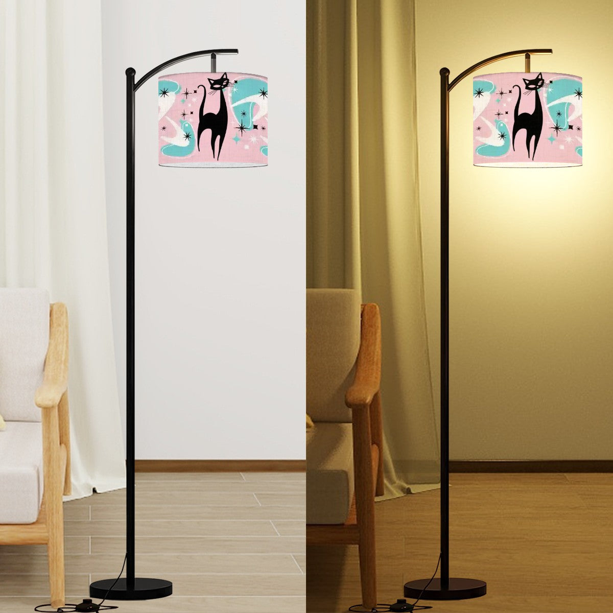 Mid Century Modern Atomic Boomerang Pink Aqua Atomic Cat Arc Floor Lamp - Mid Century Modern Gal
