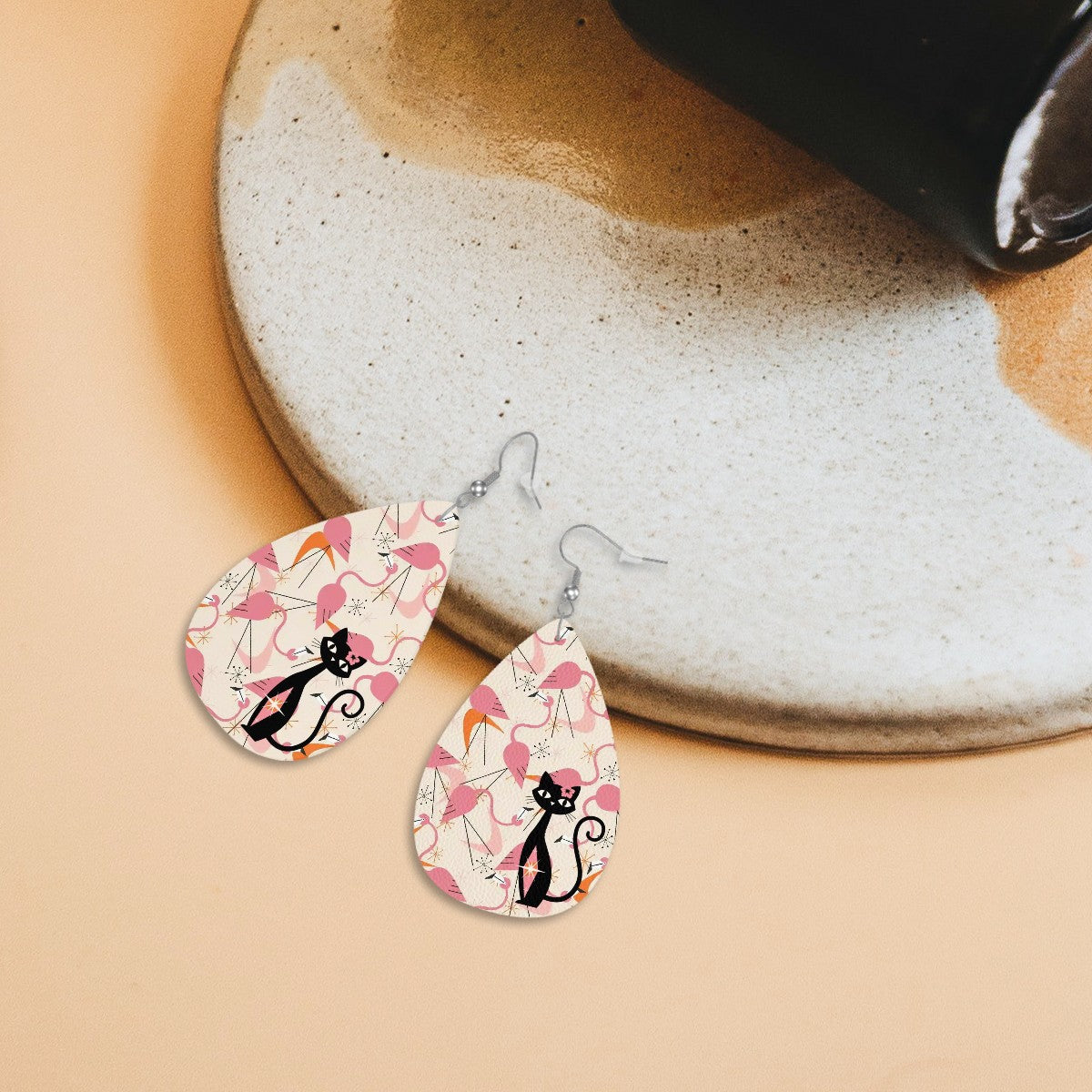 Kitschy Mod Dancing Flamingos Atomic Cat, Retro Summer Vibes Teardrop Earrings - Mid Century Modern Gal