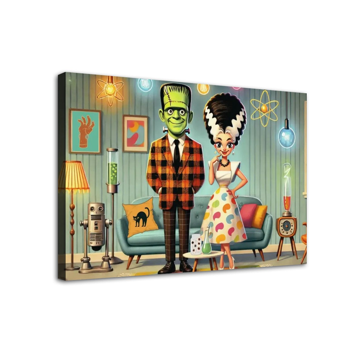 Frankenstein And Bride, Kitschy Retro Mid Century Modern Wall Art Canvas Print - Mid Century Modern Gal