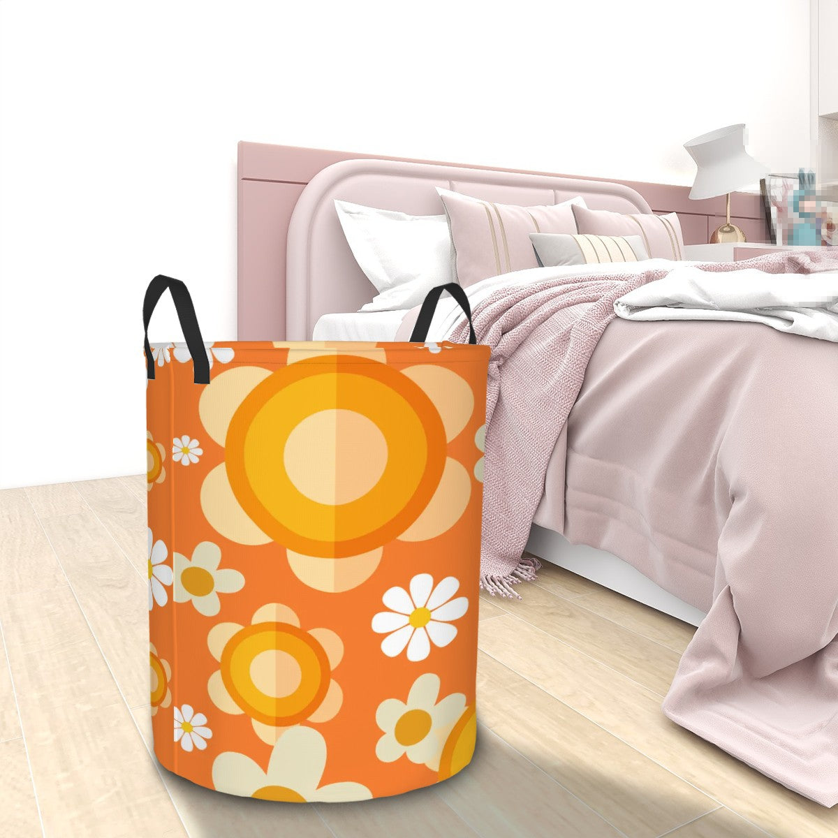 Retro Flower Power Orange Mod Daisy Circular Laundry Basket