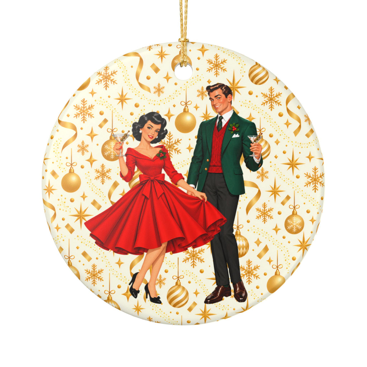 Mid Century Modern Christmas Party Martini Couple Ceramic Christmas Tree Ornament