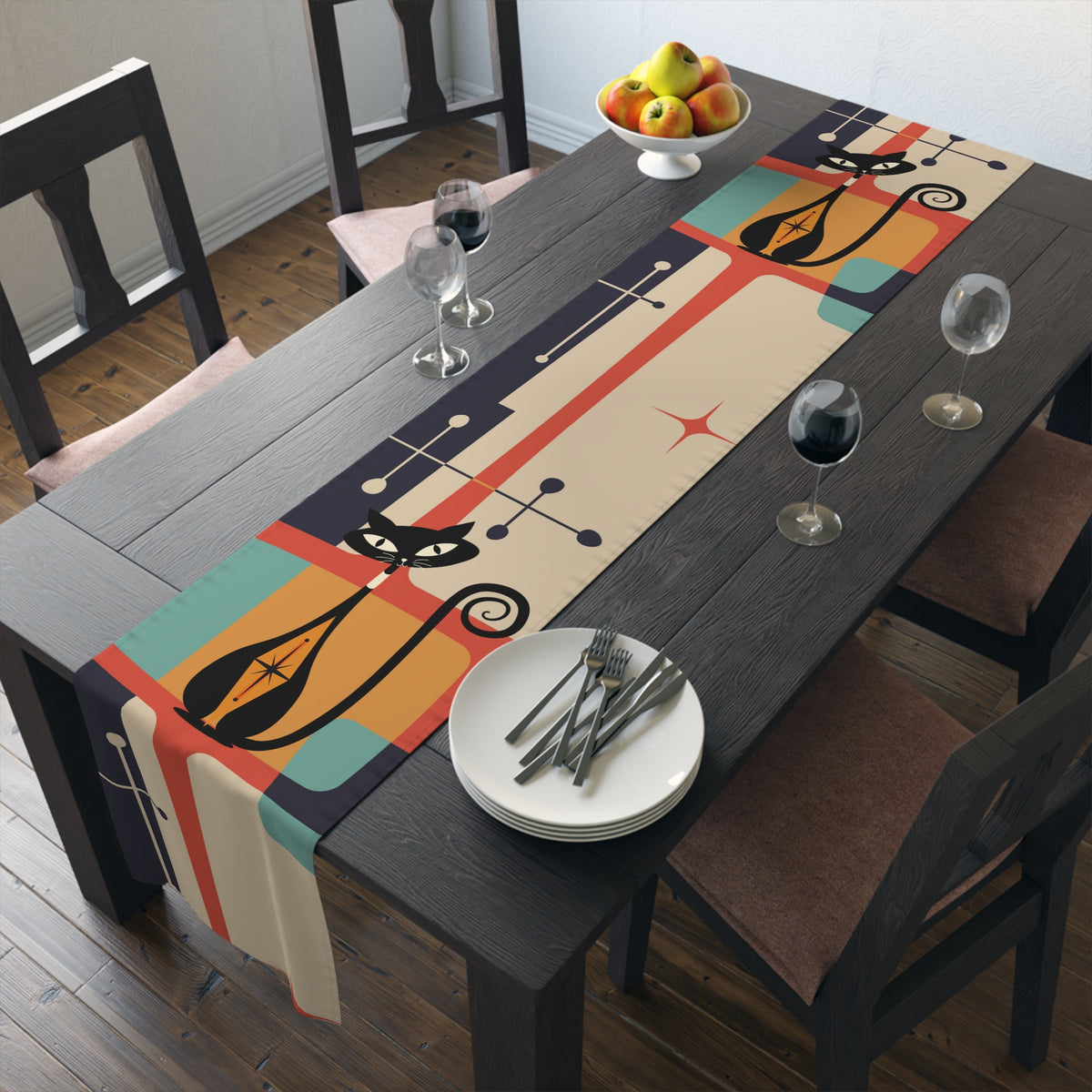 Atomic Cat Table Runner, Mid Century Modern Geometric Kitschy Mod Style - Mid Century Modern Gal