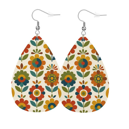 Mid Century Modern Scandinavian Floral Earth Tones  Vegan Leather Teardrop Earrings - Mid Century Modern Gal