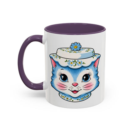 Mid Century Modern Kitschy Anthropomorphic Blue Cat with Floral Hat Accent Coffee Mug - Mid Century Modern Gal