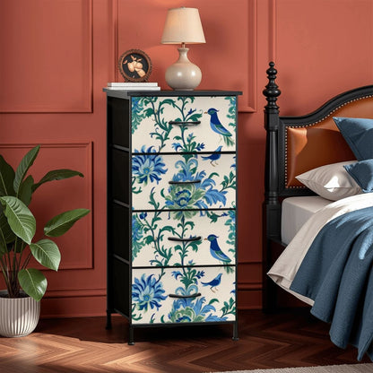 Chinoiserie Botanical Garden Birds, Blue, Green Asian Inspired Modern 4-Drawer Dresser - Mid Century Modern Gal