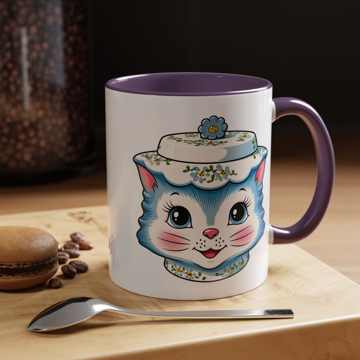 Mid Century Modern Kitschy Anthropomorphic Blue Cat with Floral Hat Accent Coffee Mug - Mid Century Modern Gal