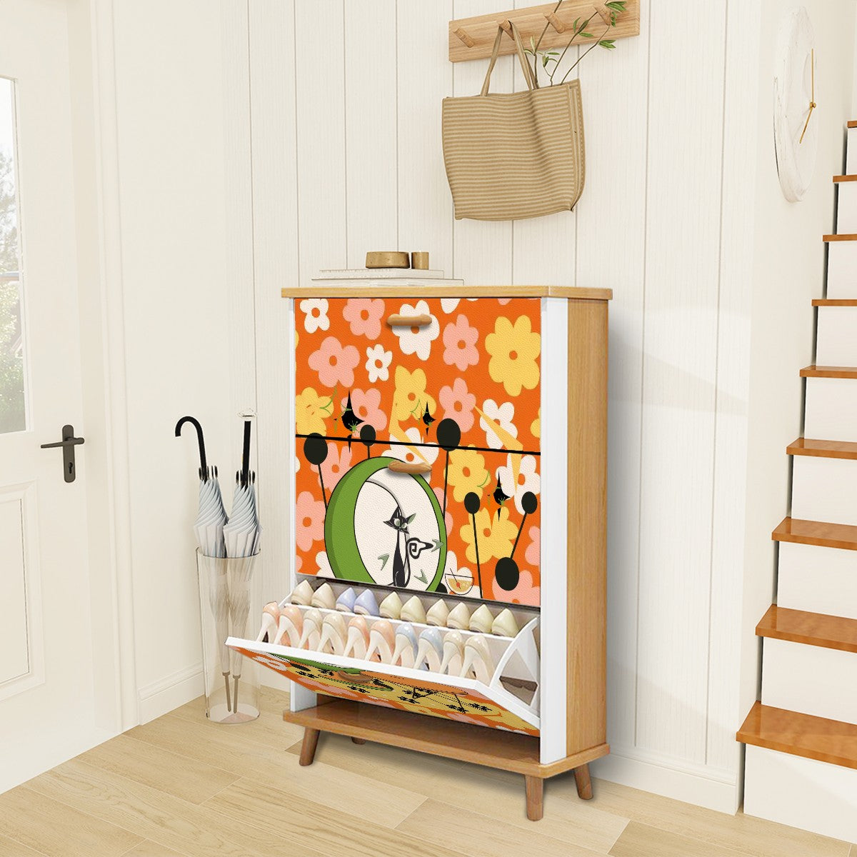 Retro Groovy Cat, Flower Power 70s Vibe, Kitschy Mid Mod Shoe Cabinet - Mid Century Modern Gal
